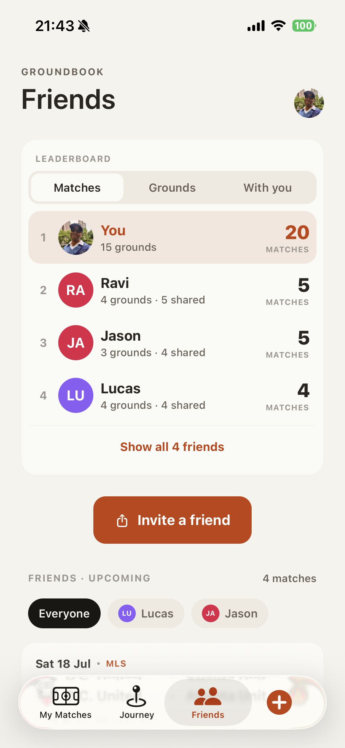 The Groundbook Friends screen showing a shared match and the leaderboard