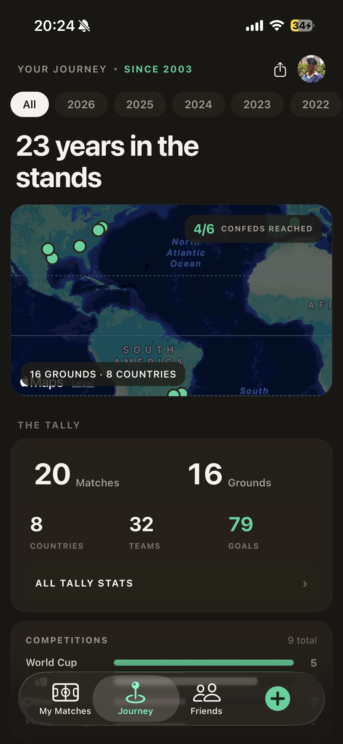 The Groundbook Journey map, showing stadium pins across several countries