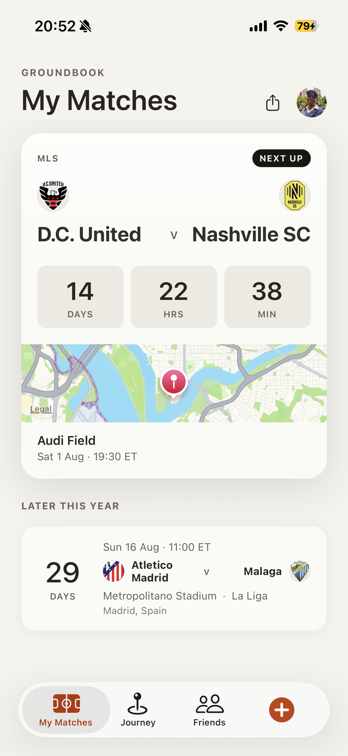 The Groundbook My Matches screen